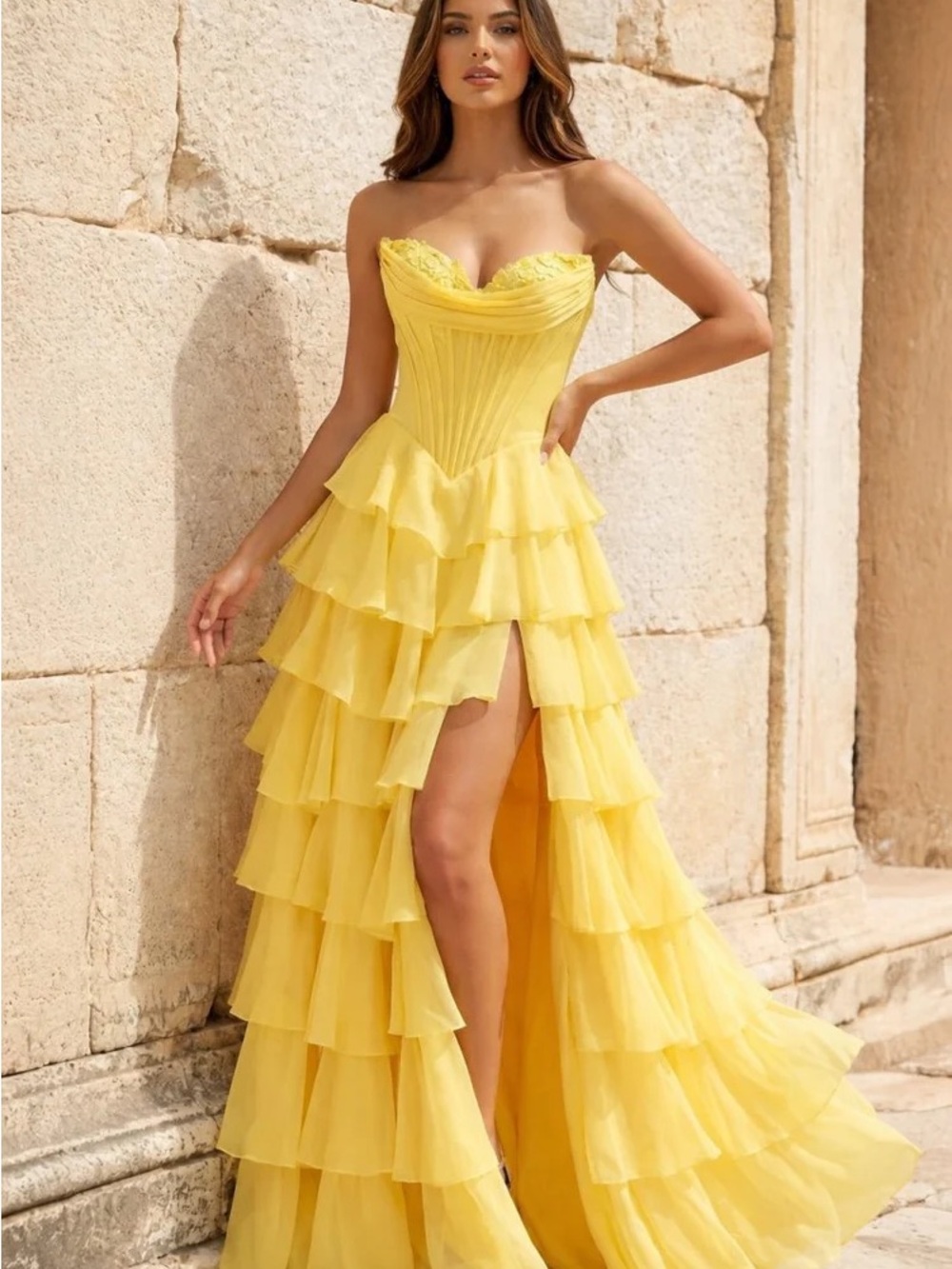 Ardea Strapless A Line Yellow Ruffle Tiered Evening/Prom Dress